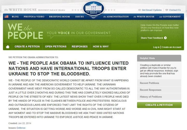 На сайте Белого Дома зарегистрирована петиция с просьбой к Бараку Обаме поддержать введение войск ООН в Украину!