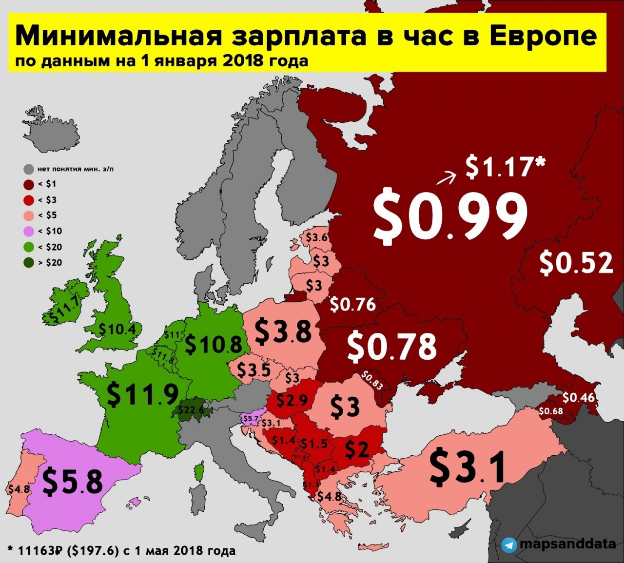 Какая зарплата в час в Европе